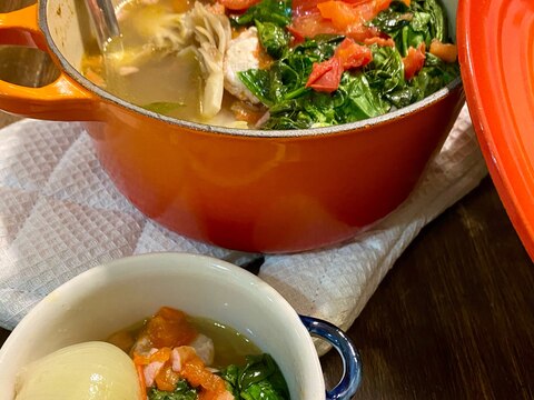 ほうれん草とぶた肉、【ポパイのトマト鍋】